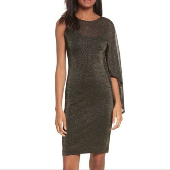 NWT Ted Baker Monyca Black Gold Metallic One Shoulder Draped Dress Size 4 - Picture 1 of 10